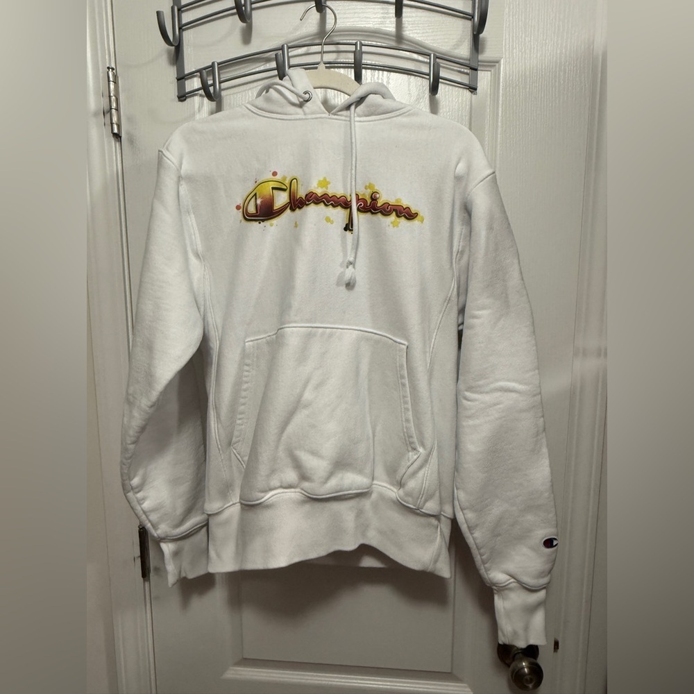 Champion Reverse Weave Hoodie Mens Small White Sweatshirt logo retro 90s unique